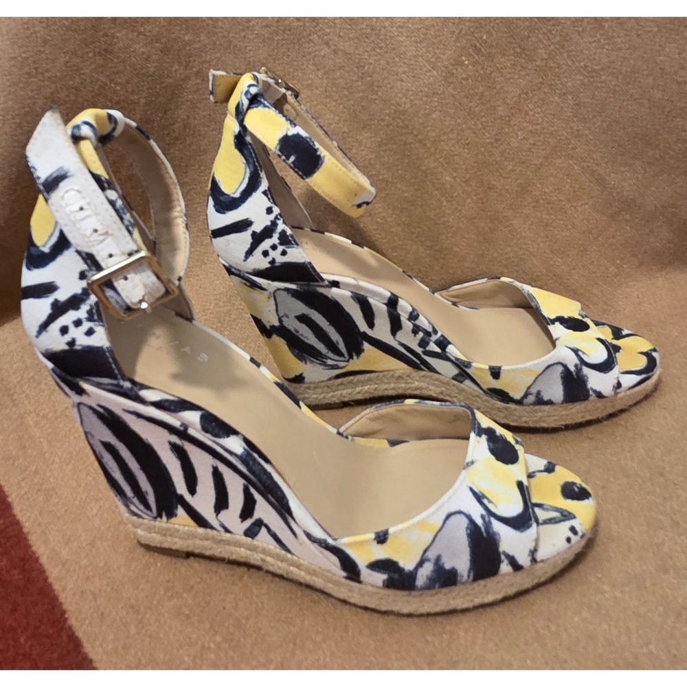 Lands‎ End Floral Espadrille Wedge Sandal 8B Yellow Navy Coastal Summer Chic